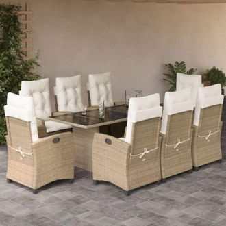 vidaXL Set Comedor De Jard&iacute;n 9 Pzas Con Cojines Rat&aacute;n Sint&eacute;tico Beige Vidaxl
