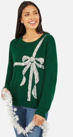 Yumi Sequin Bow Knitted Sweater in Green at Nordstrom, Size Medium