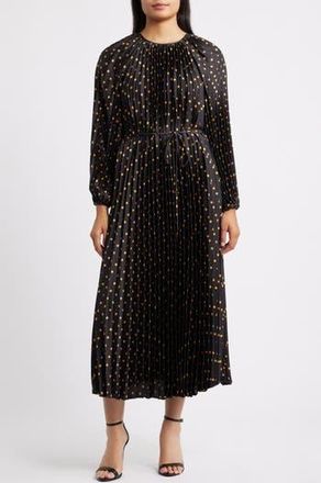 Julia Jordan Pleated Metallic Polka Dot Long Sleeve Dress in Black Gold at Nordstrom Rack, Size 16