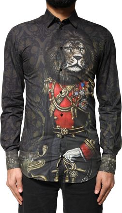 Dolce & Gabbana Mens Black Royal Pet Portrait Gold Dress Shirt Cotton