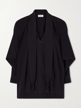 Christophe Lemaire Blusa In Cr&ecirc;pe Di Cotone Increspato Con Decorazioni E Sciarpina - Nero