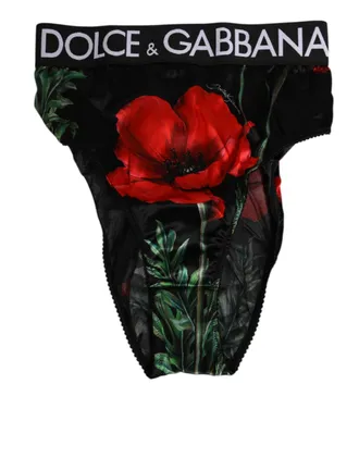 Dolce & Gabbana Womens Black Floral Print High Waist Sheer Mesh Underwear And Red Silk Clothing