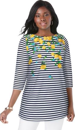 Jessica London Stretch Cotton Boatneck Tunic in Navy Lemon Stripe at Nordstrom, Size 12