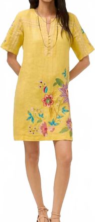 Johnny Was Seamed Button Neck Linen Dress In Yellow
