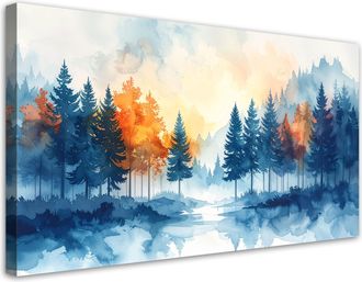Feeby Cuadro Sobre Lienzo, Bosque Brumoso Paisaje En Acuarela Naturaleza, 120x60