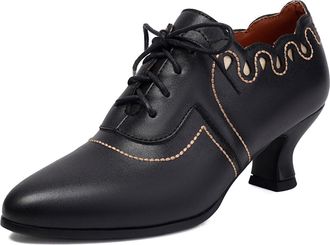 Generic Womens Lace Up Retro Dress Shoes Mid Heel Vintage Brogues Pointed Toe PU Leather Party Prom Shoes,Black,6.5 UK