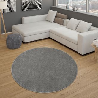 Paco Home Paco Home - Alfombra Sal&oacute;n Lisa Pelo Corto Sencilla Moderna Gris Oscuro &Oslash; 200 Cm Redondo