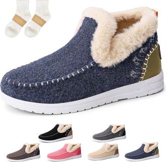 Generic Orthopedic Fleece Slip-On Boots, Womens Outdoor Cozy Warm Plush Fleece Lined Anti-Slip Winter Flat Shoes Arch Support Boots (Navy,6.5)