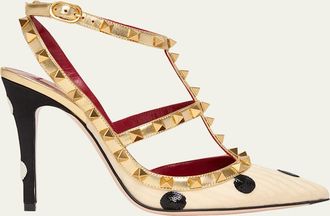 Valentino Garavani 100mm Rockstud Sequined Metallic Leather Caged Pumps
