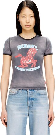 Diesel Cotton stretch T-shirt with horse graphic print - Tops - Woman - Black