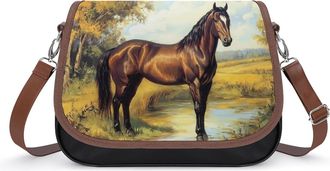 Generic Horse Painting Crossbody Bag Womens Handbag PU Message Bags Shoulder Purse with Adjustable Strap