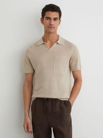 Reiss Beige Linen Open-collar Knit Polo Shirt, Xxl