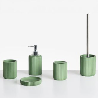 Beliani Beliani - Conjunto De 5 Accesorios De Ba&ntilde;o Jabonera Dispensador De Jab&oacute;n Escobilla De Inodoro Vaso Soporte Para Cepillos De Dientes Verde Camana