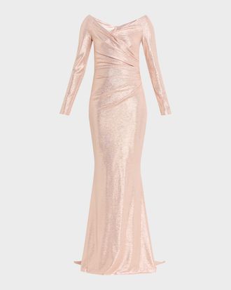 Talbot Runhof Metallic Draped Off-The-Shoulder Long-Sleeve Gown