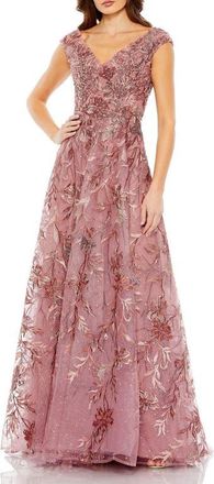 Mac Duggal Embroidered Illusion Cap Sleeve A Line Gown in Cinnamon at Nordstrom, Size 16