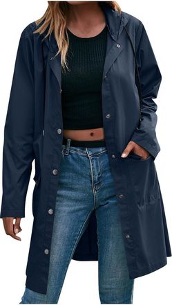 Generic Womens Hooded Rain Jacket Waterproof Windproof Raincoat with Full Zipper Pockets Sun Protection Outdoor Sports Long Parka Travel Coat, B-Navy, XL