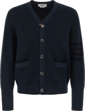 Thom Browne Garment Dyed 4-Bar Cardigan - Heren - Vesten - Blauw - 2XL - Katoen - Truien & Vesten