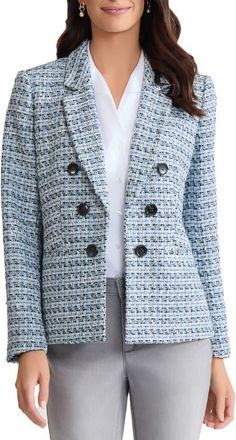 Jones New York Faux Double Breasted Tweed Jacket in Light Oxford Blue Multi at Nordstrom, Size X-Small