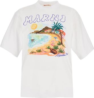 Marni Oversized Crew Neck T-Shirt with Multicolor Beach Scene Print