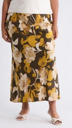Renee C Floral Satin Maxi Skirt in Olive at Nordstrom Rack, Size 1X