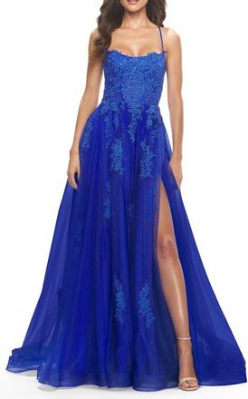 La Femme A-line Tulle Gown with Floral Embroidery and Pockets in Royal Blue at Nordstrom, Size 10