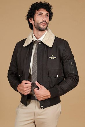 D'Arienzo Giubbotto aviatore in pelle raggrinzita testa di moro collo montone DArienzo, Seleziona Taglia 46, Colore Testa di moro