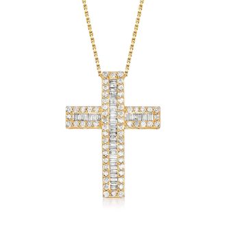 Ross-Simons Baguette and Round Diamond Cross Pendant Necklace in 18kt Gold Over Sterling