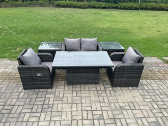 Fimous Outdoor Rattan Garden Furniture Set Height Adjustable Rising lifting Dining Table Love Sofa With 2 Side Tables in Dark Grey