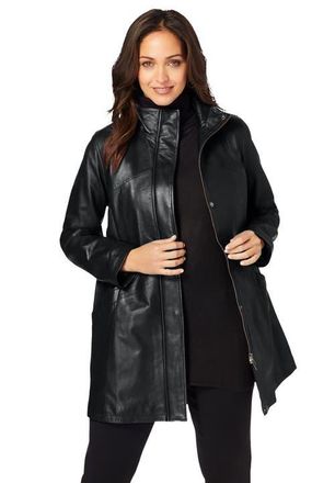 Jessica London A-Line Zip Front Leather Jacket in Black at Nordstrom, Size 18
