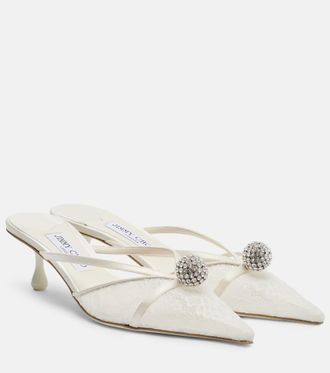 Jimmy Choo London Sana embellished leather-trimmed lace mules