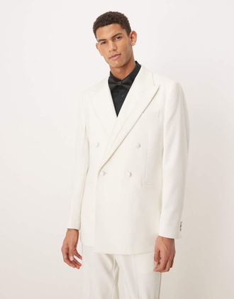 Asos Giacca da smoking slim doppiopetto avorio con dettagli in raso-Bianco