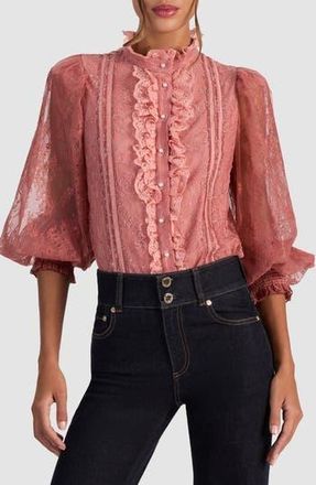 Alice & Olivia Eugenia Lace High Neck Button-Up Shirt in Bohemian Rose at Nordstrom Rack, Size X-Small