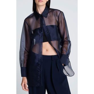 Kenneth Cole Oversize Sheer Organza Button-Up Shirt in Dark Navy at Nordstrom, Size X-Large