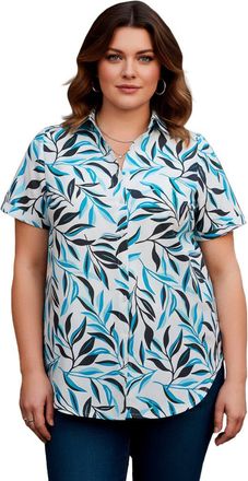 Roaman's Plus Size Kate Short Sleeve Easy Cotton Blend Button Front Shirt in Deep Turquoise Tossed Leaves at Nordstrom, Size 14