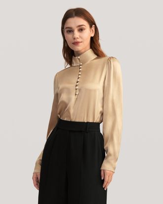 LilySilk Pearl Button Mandarin Collar Stretch Silk Blouse for Women