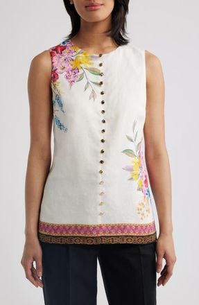Elie Tahari The Annalise Linen Blouse in Tiara Garden Print at Nordstrom, Size 10