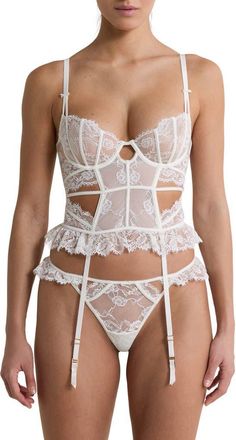 Etam Beloved Lace Underwire Bustier with Garter Straps in White at Nordstrom, Size 34