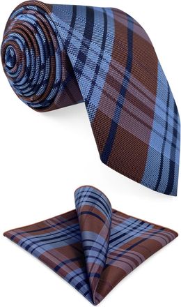 Shlax & Wing Mens Necktie Set Tie with Pocket Square Reddish-Brown Blue Tartan Checkered for Business Classic 57.5