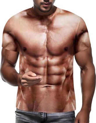 Generic Mens Shit Shirt 3D Muscle Print T-Shirt Summer Casual Short Sleeve Tops Funny Shirts for Lads Holiday (Red, 4XL)