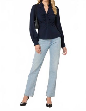 Astr Simran Collared V-Neck Ruched Top In Navy