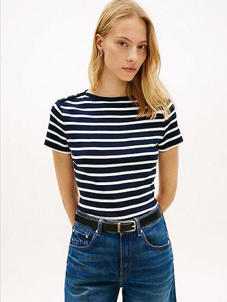 Tommy Hilfiger Gold-Tone Button Slim Boat Neck T-Shirt