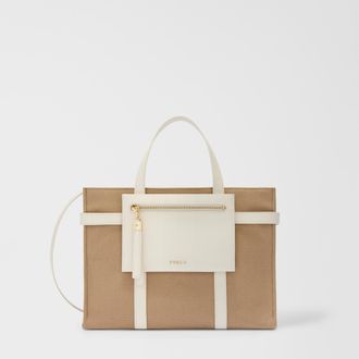 Furla Laguna Borsa Shopping M Naturale Beige Tessuto Canvas + Pelle Di Vitello Sidney Donna
