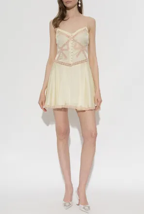 Self Portrait Short Dress With Lace Inserts, Womens, Yellow