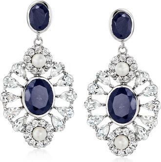 Ross-Simons 4-4.5mm Cultured Pearl and Sapphire Drop Earrings With White Topaz in Sterling Silver