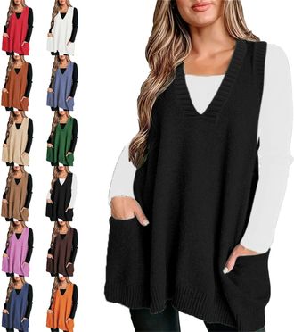 Generic Cozy Pocket Sweater Vest, Solid Color Oversized Sweater Vest, Womens Casual Sleeveless Ribbed V Neck Knit Vest (Black,3XL)
