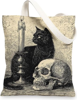 Generic Vintage Gothic Cat Skull Canvas Tote Bag Reusable Lightweight Washable Tote Bag with Shoulder Strap for Sho, Black, 13x15 Inch