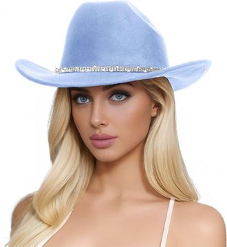 Generic Women Western Shiny Rhinestone Cowboy Hat - Fashion Brown Woolen Cowgirl Hats Rodeo Jazz Fedora Hat with Sparkly Diamond Band for Party Holiday Sky Bl