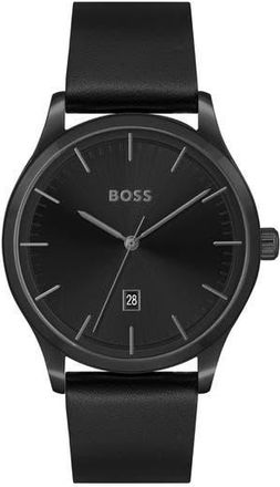 BOSS Three-Hand Quartz Leather Strap Watch, 43mm in Black Dial at Nordstrom Rack