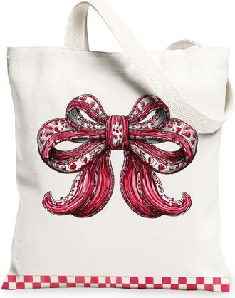 Generic Christmas Ribbon Canvas Tote, Stylish Bow Design Reusable Grocery Bag, Vintage Chic Lightweight Washable Shoulder Strap for, White, 13x15 Inch