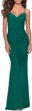 La Femme Fitted Jersey Long Dress with Lace Up Back in Emerald at Nordstrom, Size 12